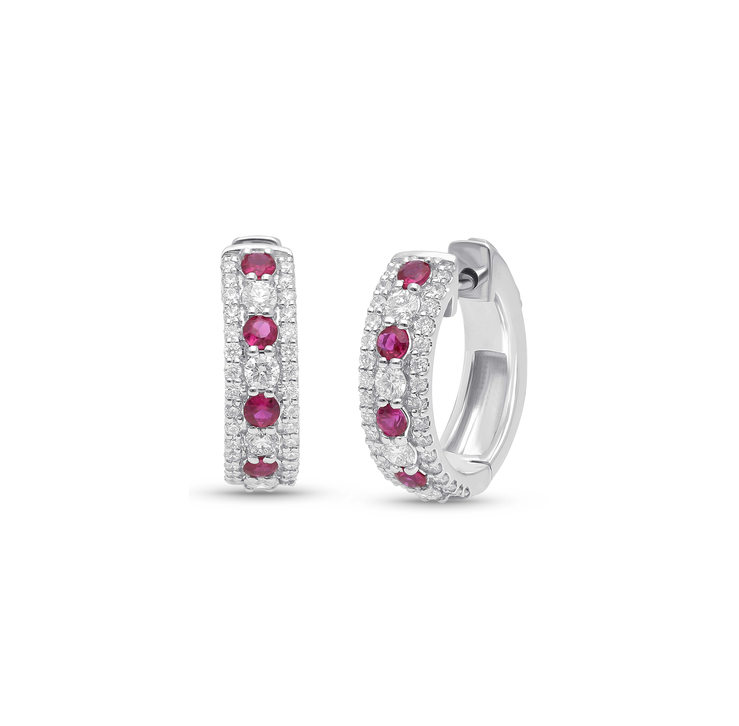 14K White Gold Ruby and Diamond Huggie Hoop Earrings